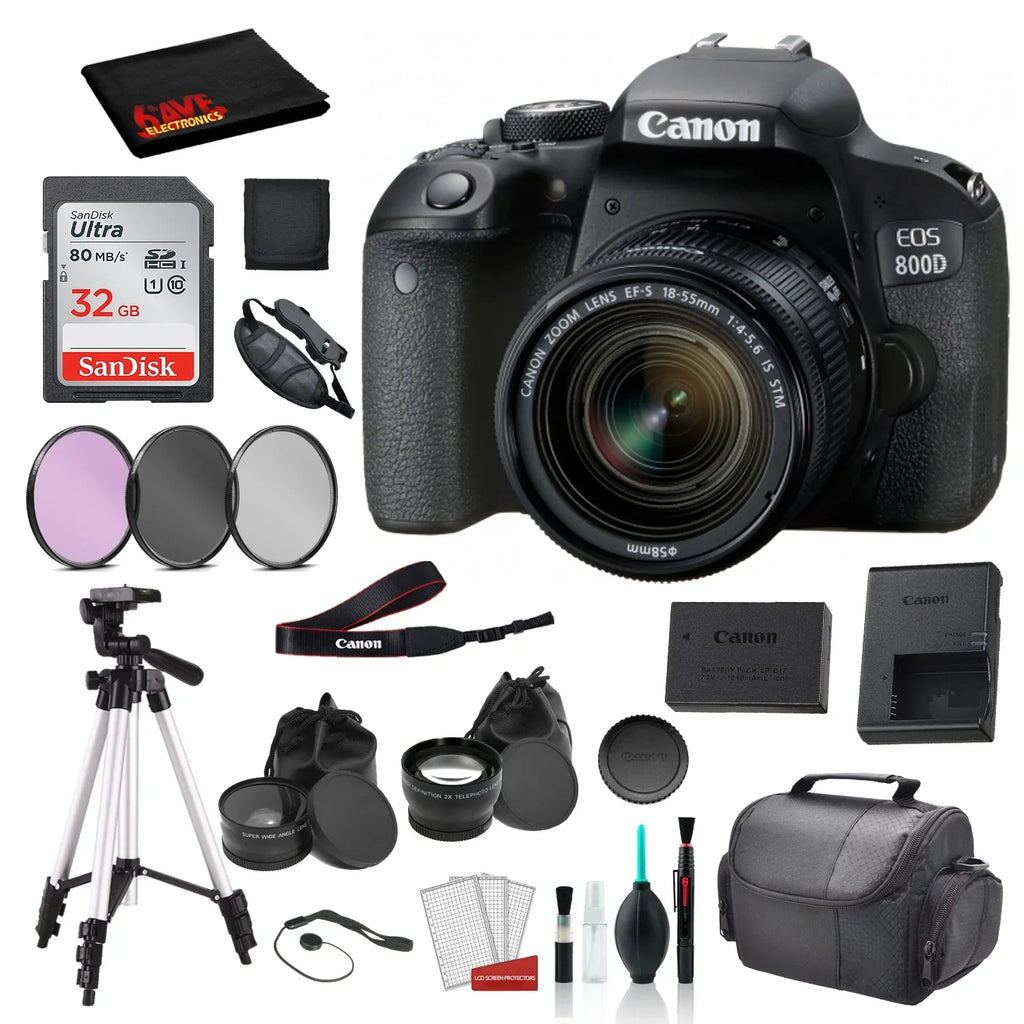 T7i) Lens Filter 3PC STM Canon 18-55mm Card 32gb 800D + Bundle EOS (Rebel SanDisk Kit SD IS