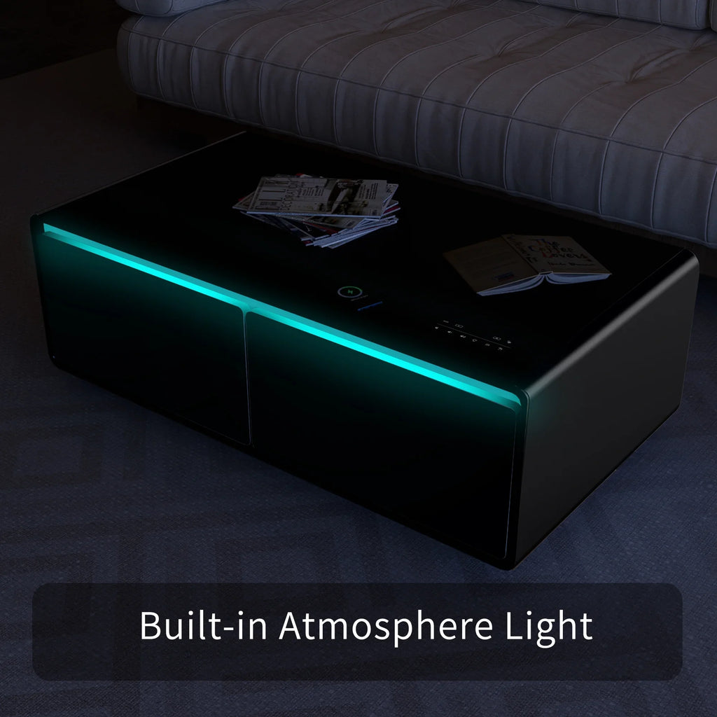 Atmosphere Fridge, Touch Interface, Charging Coffee light, Bluetooth Module, Smart Outlet Protection, Table Built-in with USB Control Panel, Speaker, Modern Socket, Wireless Power Black