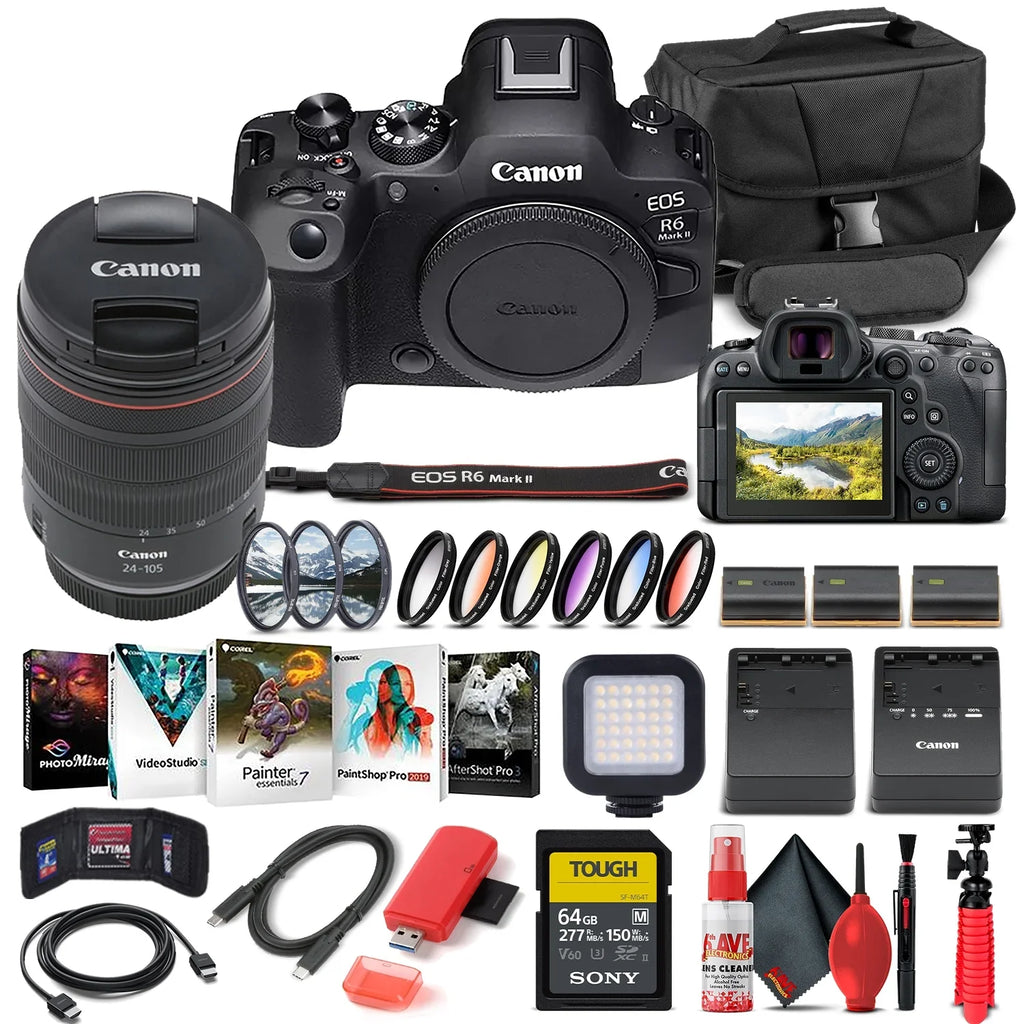 More 2 LED Memory + + Case + Lens Software Corel R6 x II Photo EOS External Charger 64GB + 24-105mm + Canon Battery Card (5666C011) Card Mark Light Camera f/4 Mirrorless Reader + with + + LPE6