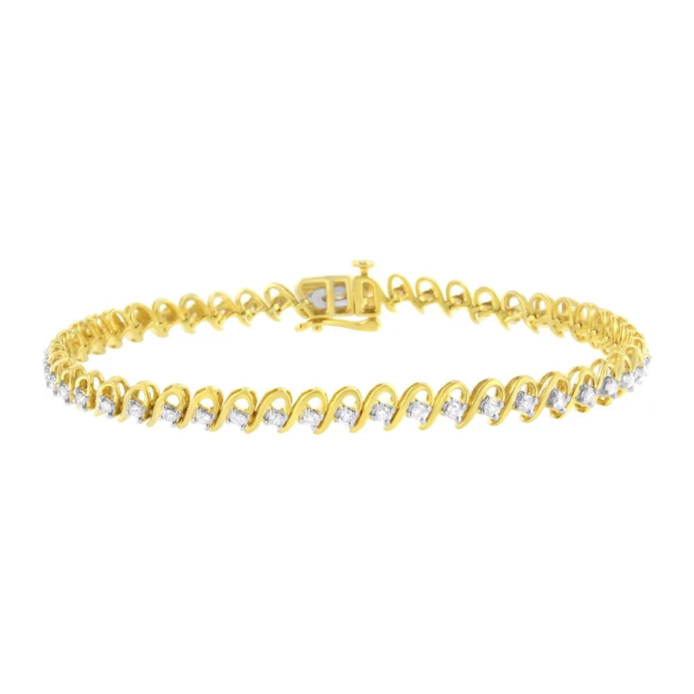 I2-I3 Silver 1.0 Round Alternating and - Color, Plated Link Diamond Wave .925 Gold Clarity) 10K Bracelet Cttw 7.25" Yellow Tennis Sterling (I-J