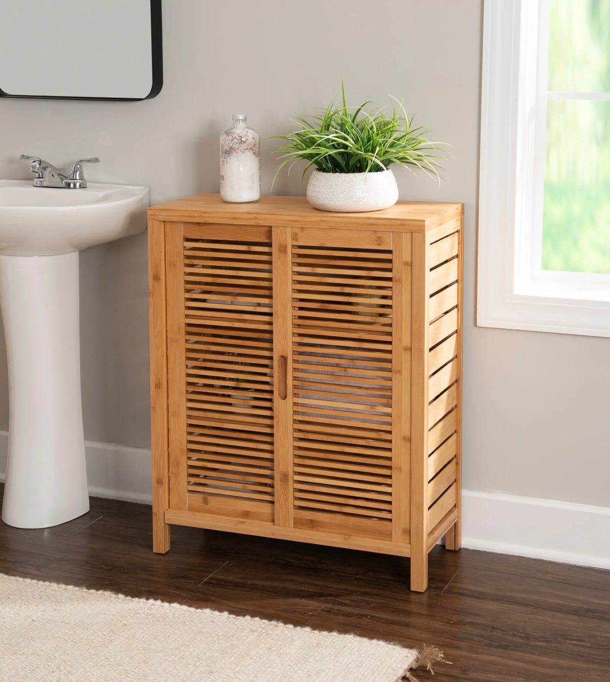 3 Floor Shelf Door 2 Bathroom Storage Bamboo Bracken Cabinet, Linon