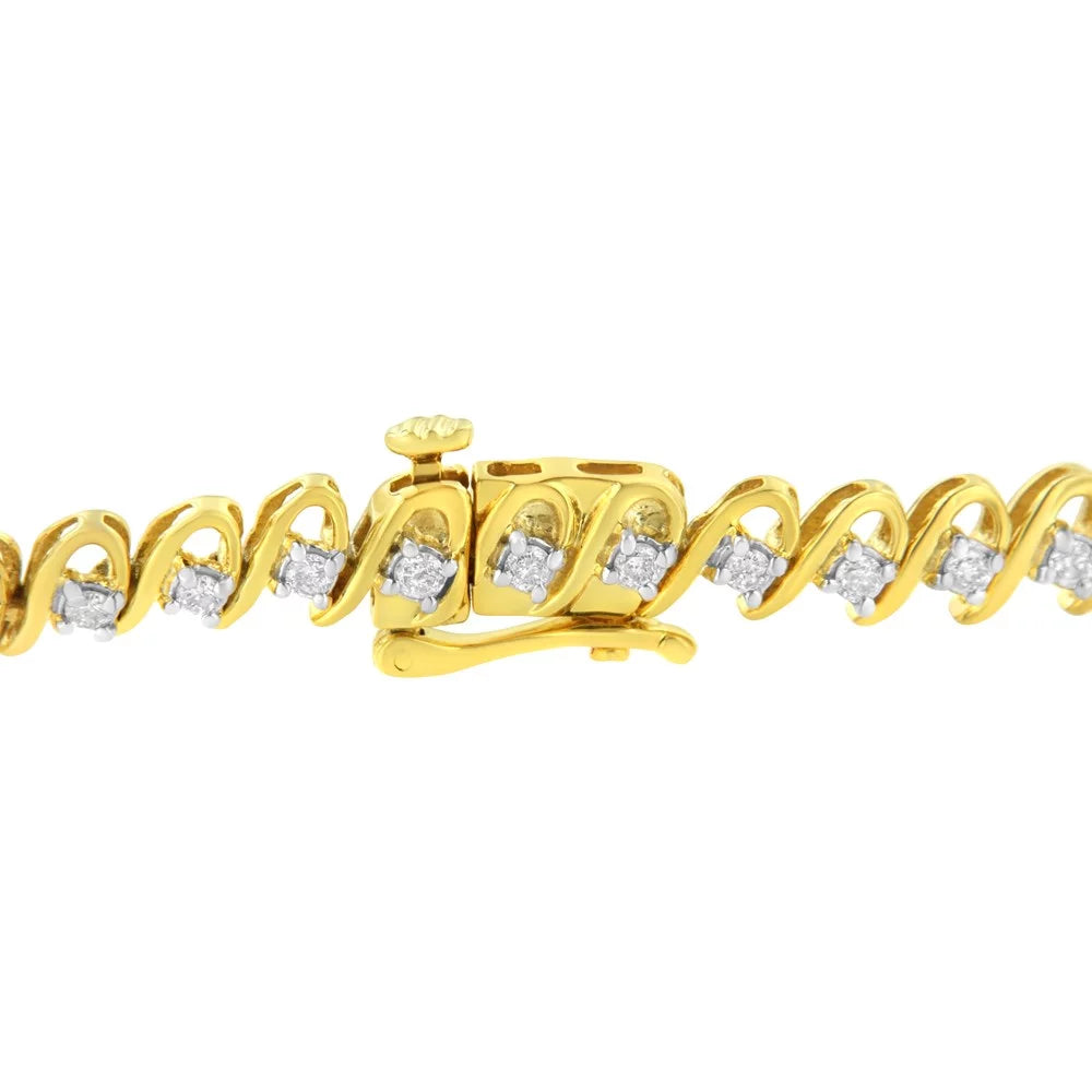 I2-I3 Silver 1.0 Round Alternating and - Color, Plated Link Diamond Wave .925 Gold Clarity) 10K Bracelet Cttw 7.25" Yellow Tennis Sterling (I-J