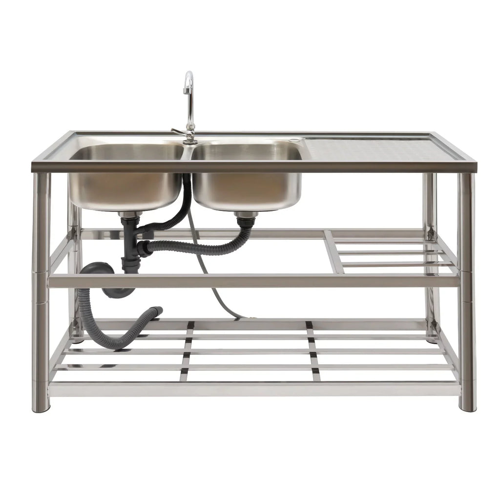 Sink Utility Aiqidi Sink Stainless Faucet+Drainpipe with Bowl & Kitchen Commercial Double Steel Prep Restaurant Basin Freestanding