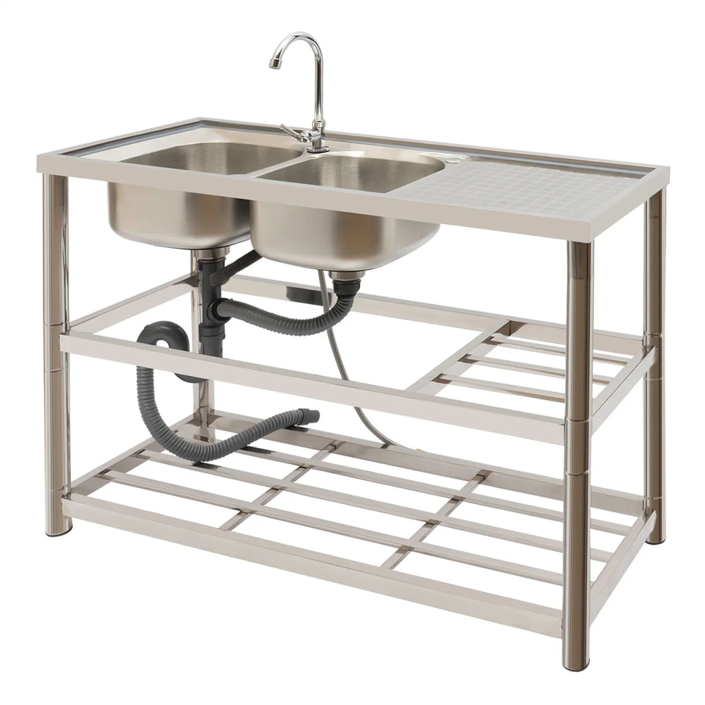 Sink Utility Aiqidi Sink Stainless Faucet+Drainpipe with Bowl & Kitchen Commercial Double Steel Prep Restaurant Basin Freestanding