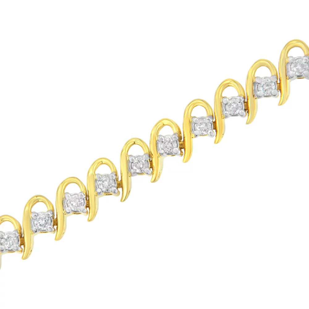 I2-I3 Silver 1.0 Round Alternating and - Color, Plated Link Diamond Wave .925 Gold Clarity) 10K Bracelet Cttw 7.25" Yellow Tennis Sterling (I-J