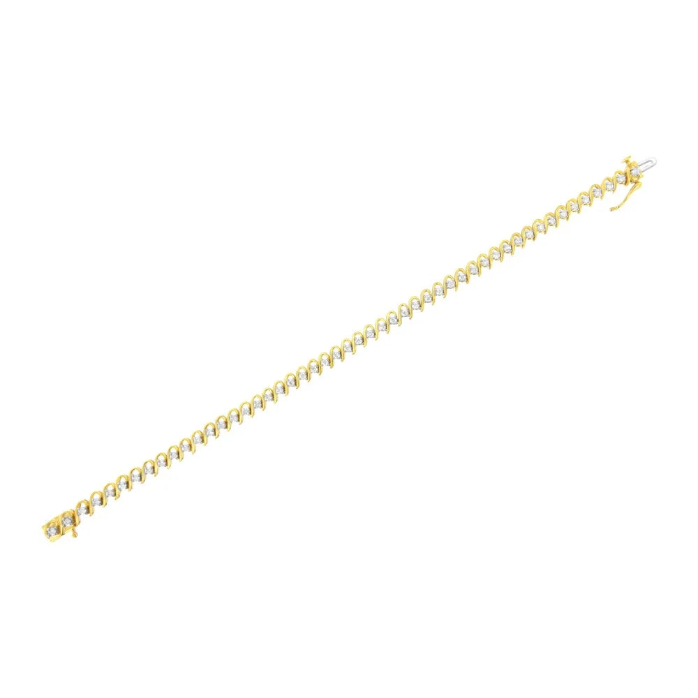 I2-I3 Silver 1.0 Round Alternating and - Color, Plated Link Diamond Wave .925 Gold Clarity) 10K Bracelet Cttw 7.25" Yellow Tennis Sterling (I-J