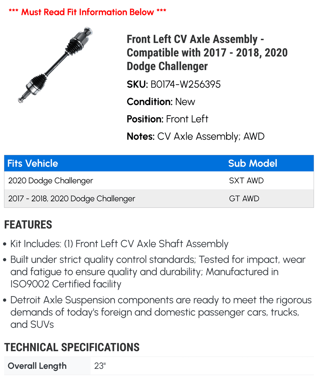 Left 2020 with 2017 2018, - Front Axle Assembly Challenger CV Compatible - Dodge