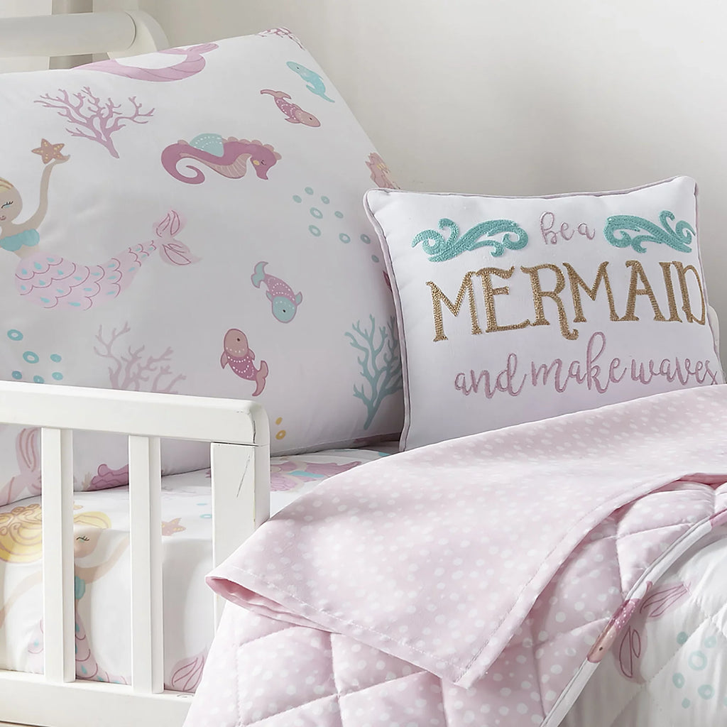 Piece Reversible Pink, Mermaid Sheet, Quilt, Flat - Bed Floral Set Baby Levtex - - Fitted Includes Taupe Pilow Sheet, Aqua, - Pillow Case, Toddler 5 Decorative Set
