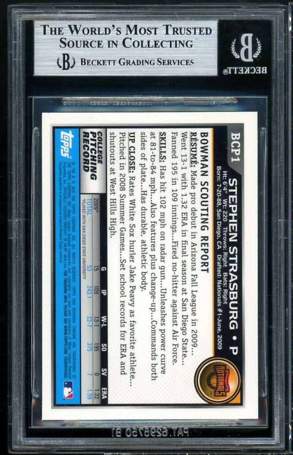 Chrome #1 9.5 (9.5 Bowman 9 Prospects 8) Strasburg 9.5 Stephen Rookie 2010 BGS