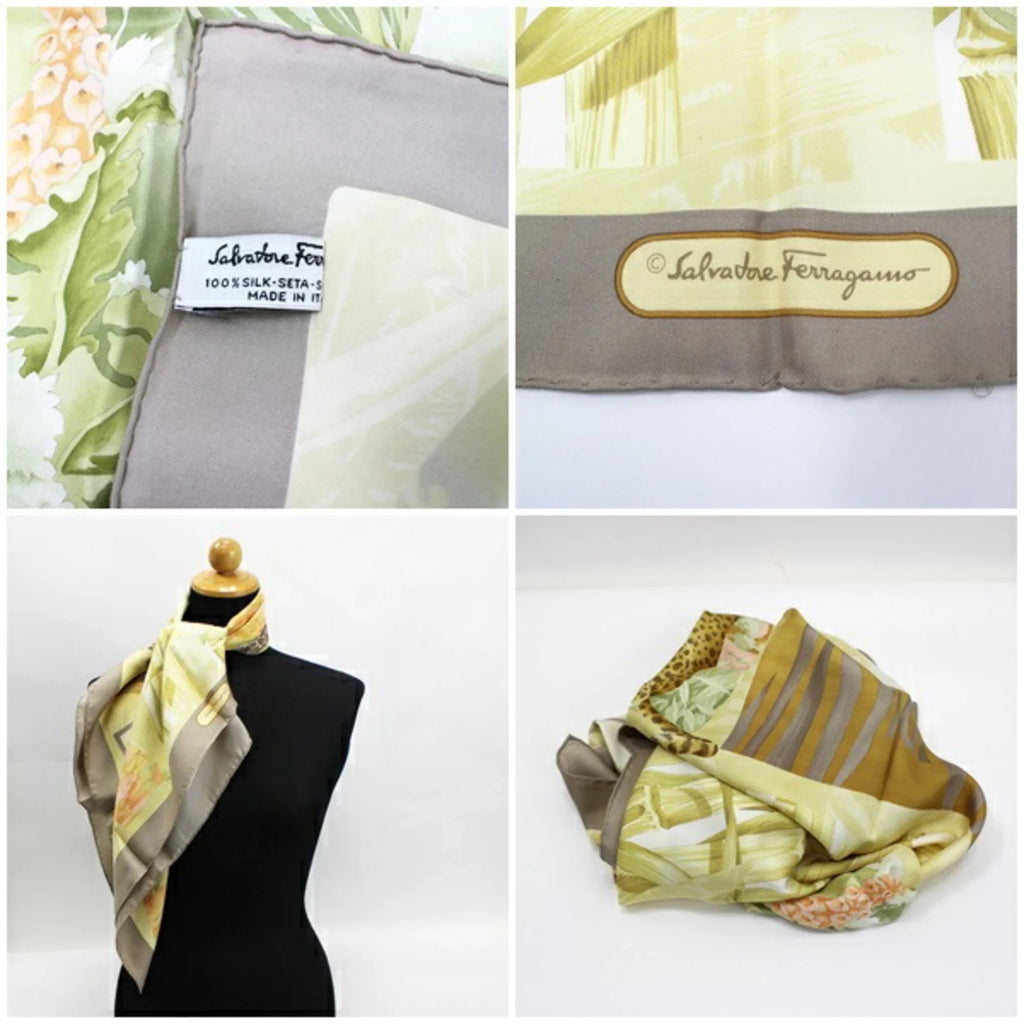 Leopard Scarf Ferragamo FERRAGAMO Silk (Good) Women's Pre-Owned Pattern Animal SALVATORE Beige x Greige Muffler