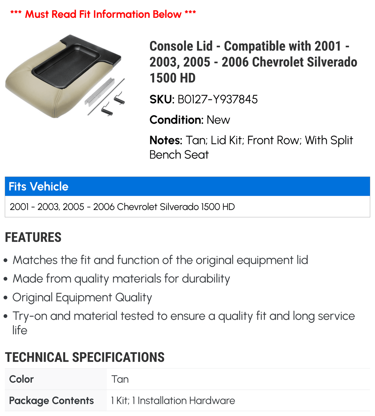 Lid 2003, 1500 2006 Console - - Silverado with 2001 - 2002 2005 Chevy HD Compatible
