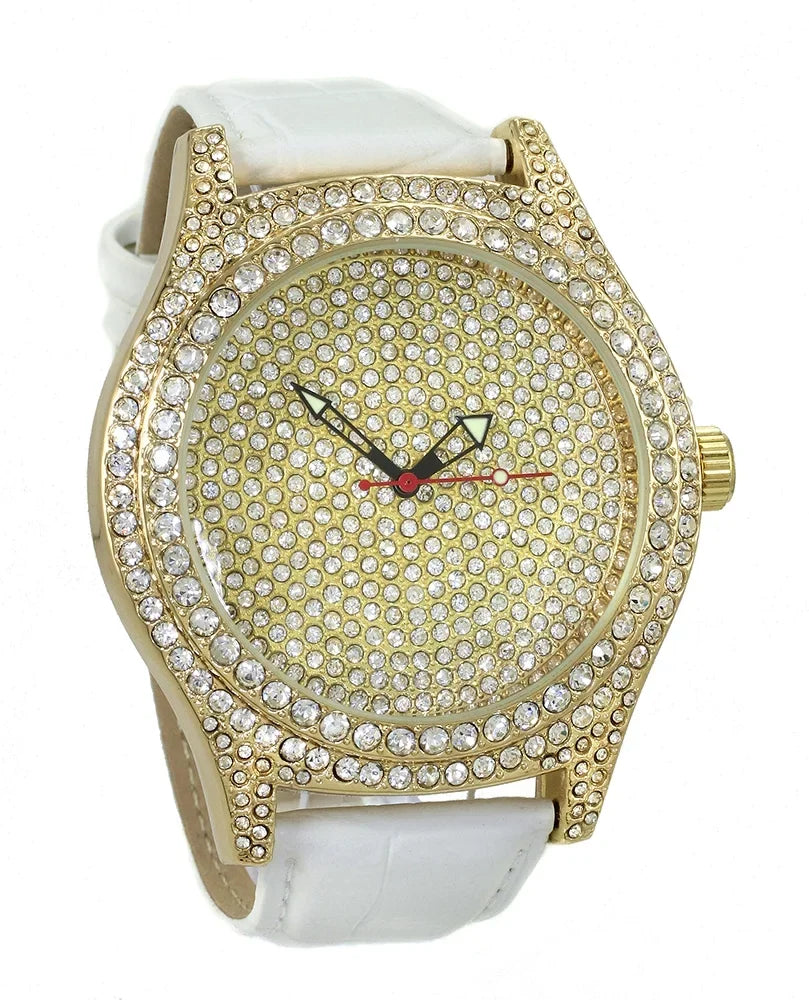 White Clubbing Cubic Zirconia Gold Watch, 50x60 Tone Strap Out Ice Case Leather