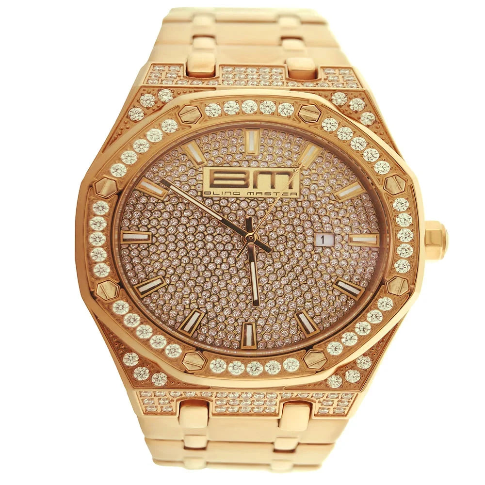 Analog Simulated Classic Steel Bling Mens Watch Stainless Finish Diamond Custom Master Dial 18K Gold Rose Solid