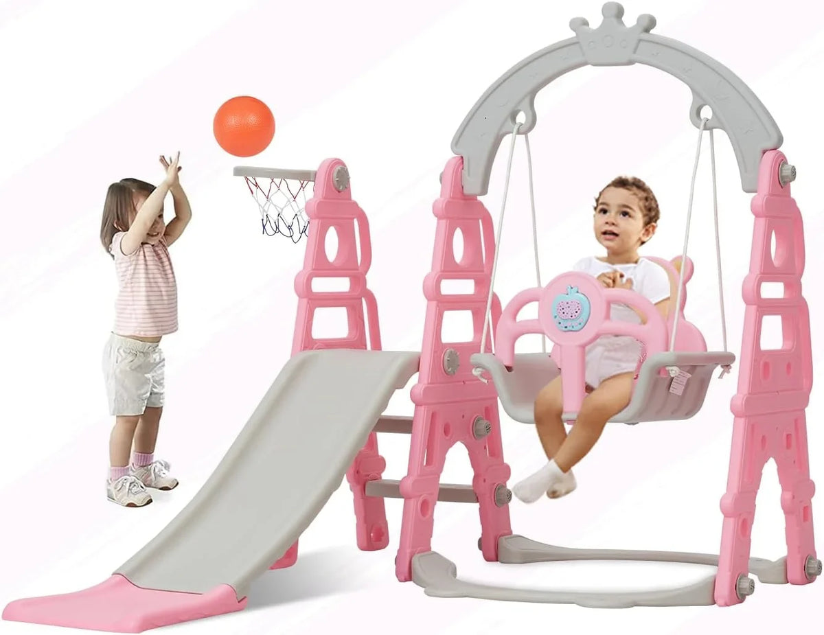 Slide Extra Swing Hoop, Slide with & Indoor exterior Baby Slide Climber in Set, Playground 1 Basketball Playset for & Climb Pink Toddler Long 5 Easy Kinbor Stairs,