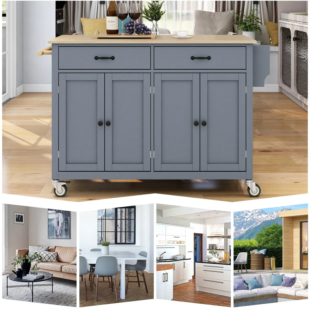 Locking - Wood with and Grey Wheels Top Kitchen Solid Blue Cart Island Granite