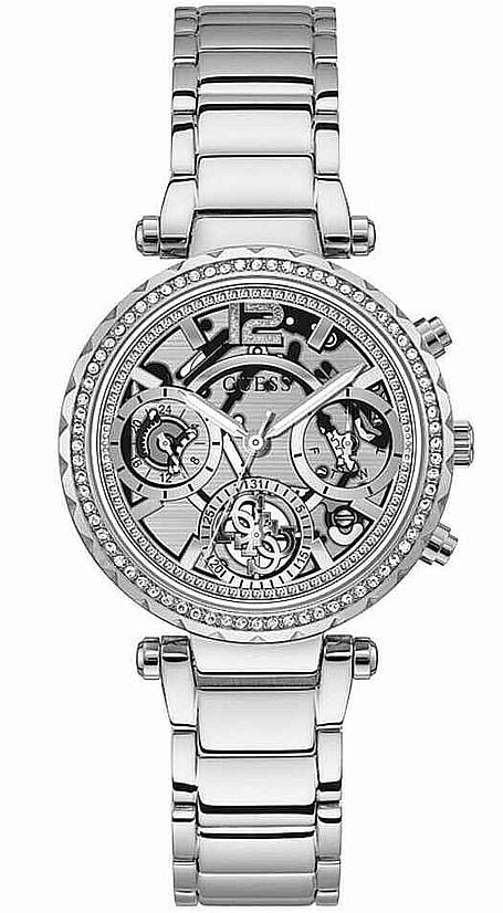 Crystallized Dial GW0403L1 Steel Watch Skeleton Stainless Guess Women's Glitz