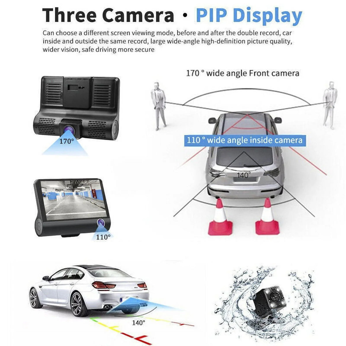 Front/Rear/Built-In Driving Video Xhy 1080P DVR and 4" Cam G-Sensor, Camera Motion Parking Car Monitoring Dash HD Recorder Dual Lens Detection