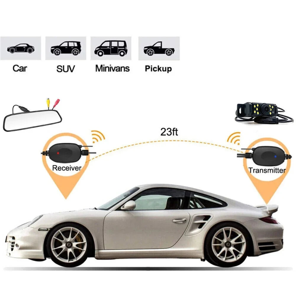 Monitor Rear Wireless Camera Backup + Vision View System Car 5" Mirror Night HD