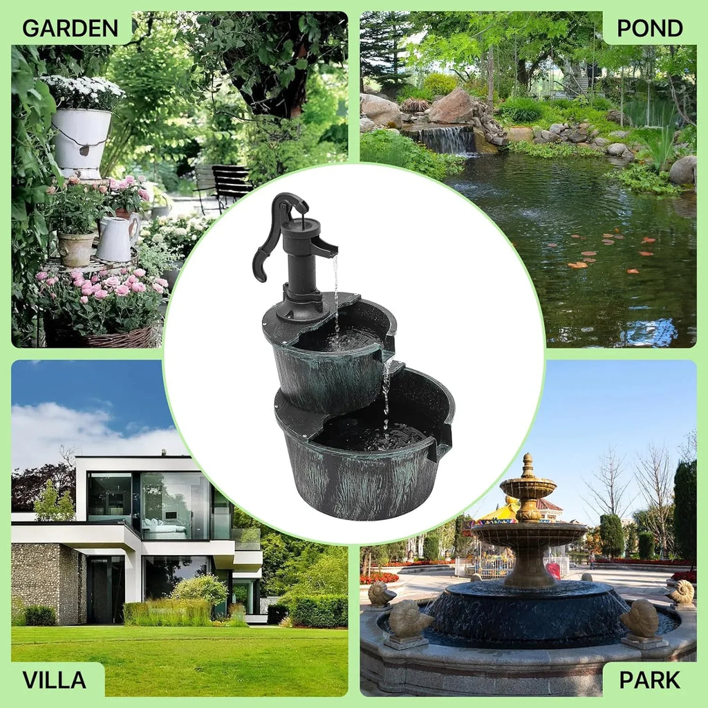 Rustic Waterfall Decor, Pump Backyard With liquid Fountain 2-Tier For Cascading Teal Patio Freestanding Blue Electric exterior Garden Fountain Porch