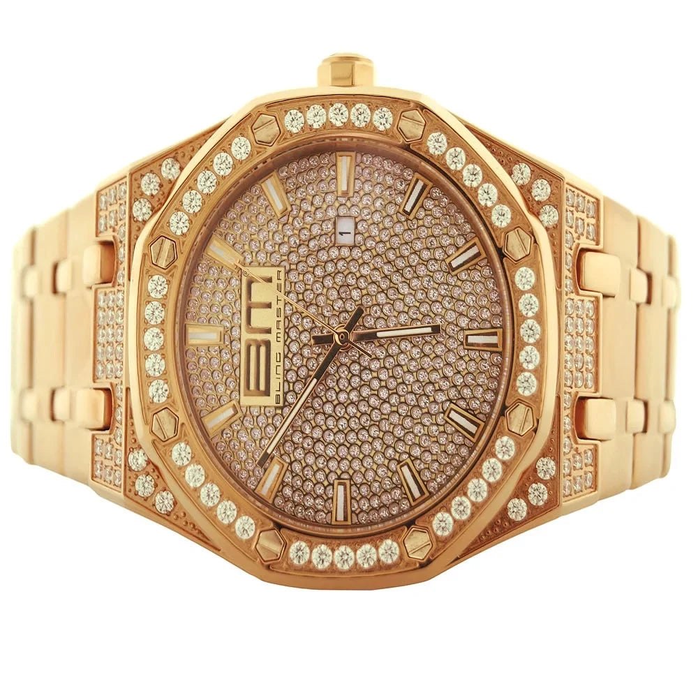 Analog Simulated Classic Steel Bling Mens Watch Stainless Finish Diamond Custom Master Dial 18K Gold Rose Solid