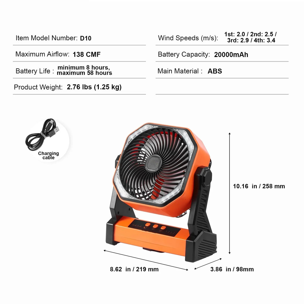 Rechargeable Lantern Fan 8 inch Portable Adjustable with Speeds LED 4 SKYSHALO