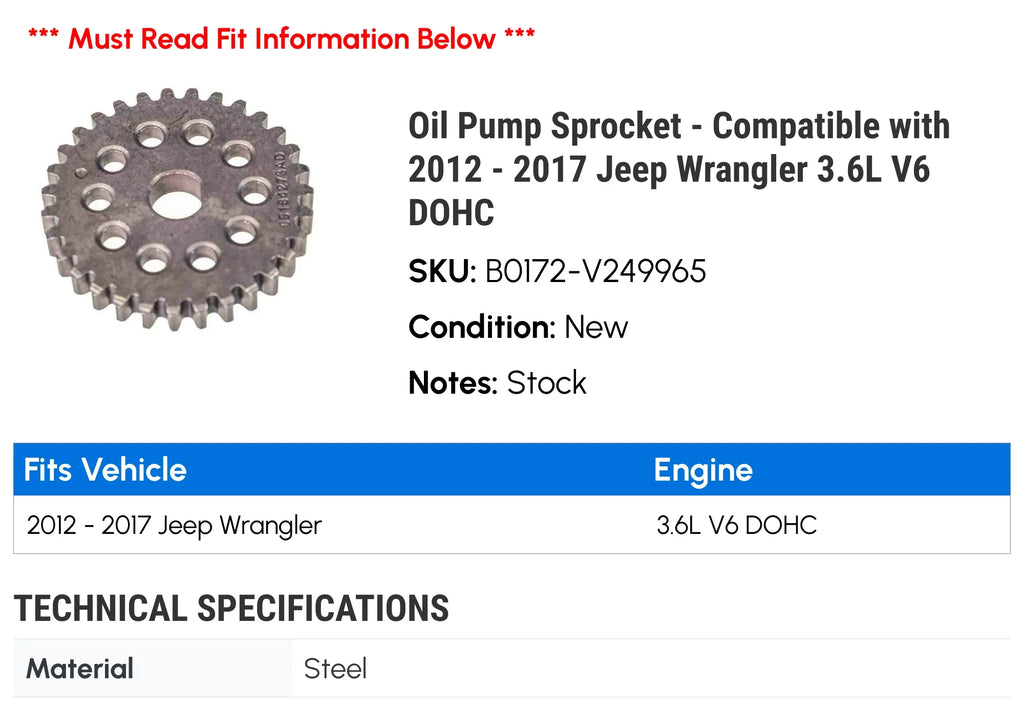 Pump DOHC - Sprocket Oil Jeep V6 2012 2014 Compatible 2015 3.6L 2013 with - 2017 Wrangler 2016