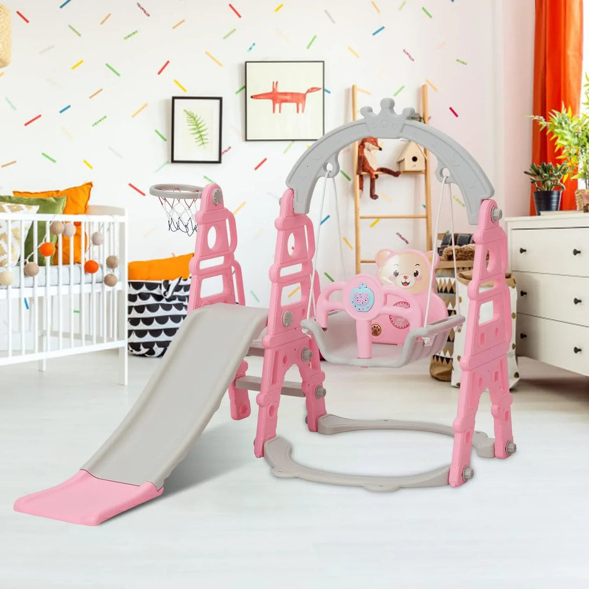 Slide Extra Swing Hoop, Slide with & Indoor exterior Baby Slide Climber in Set, Playground 1 Basketball Playset for & Climb Pink Toddler Long 5 Easy Kinbor Stairs,