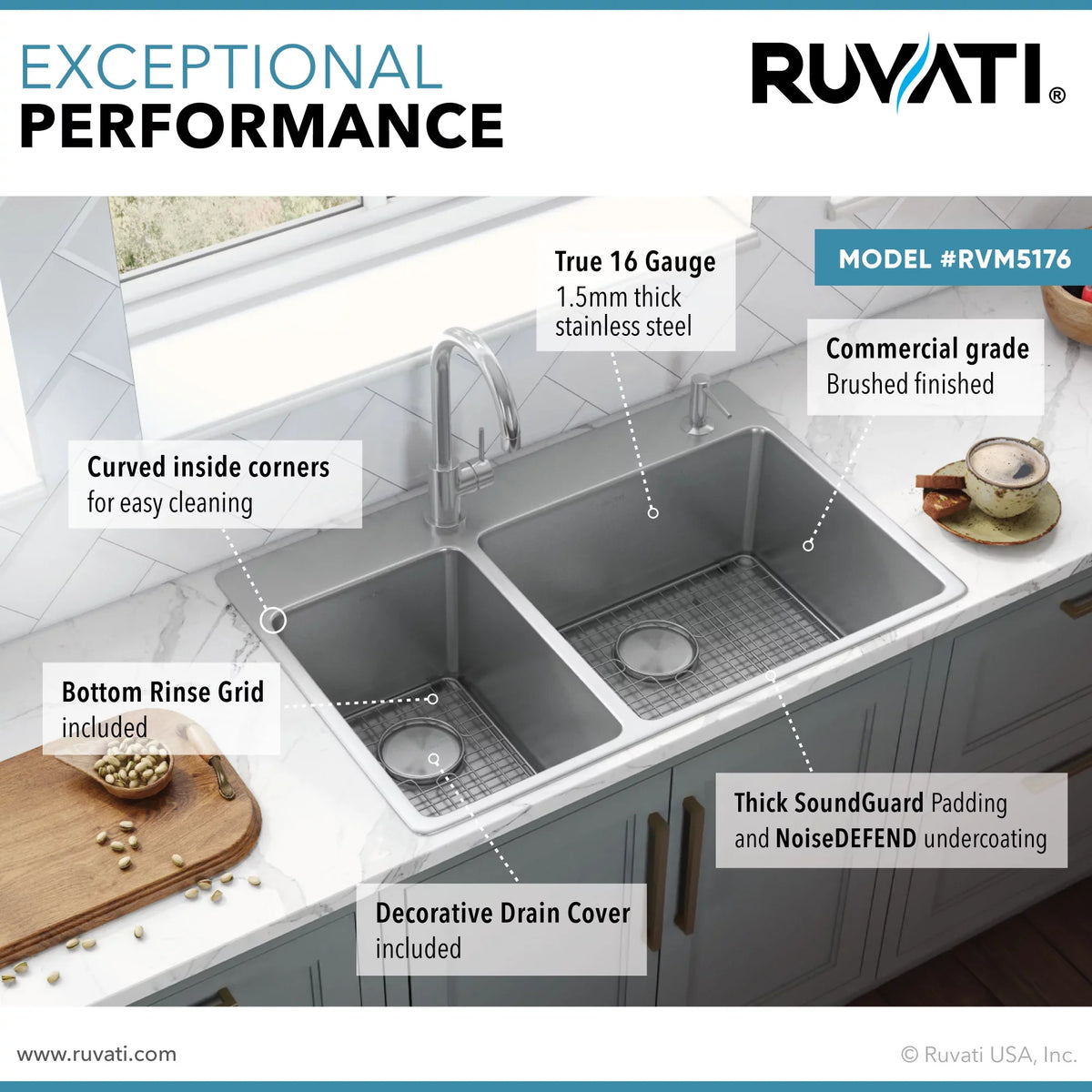 RVM5176 16 Topmount inch x Sink Gauge Ruvati Drop-in Kitchen 33 22