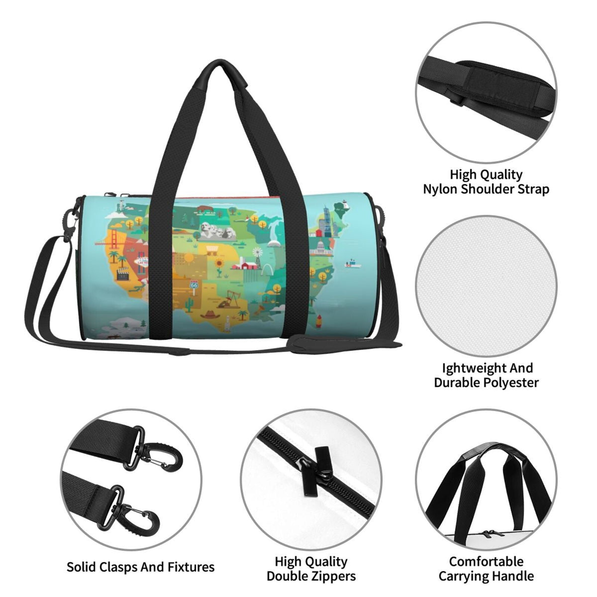 Coaee Bag Compartment Bag Travel Gym with Pocket and Waterproof Bag Tourist Sports USA Map Cylinder Luggage Capacity Large