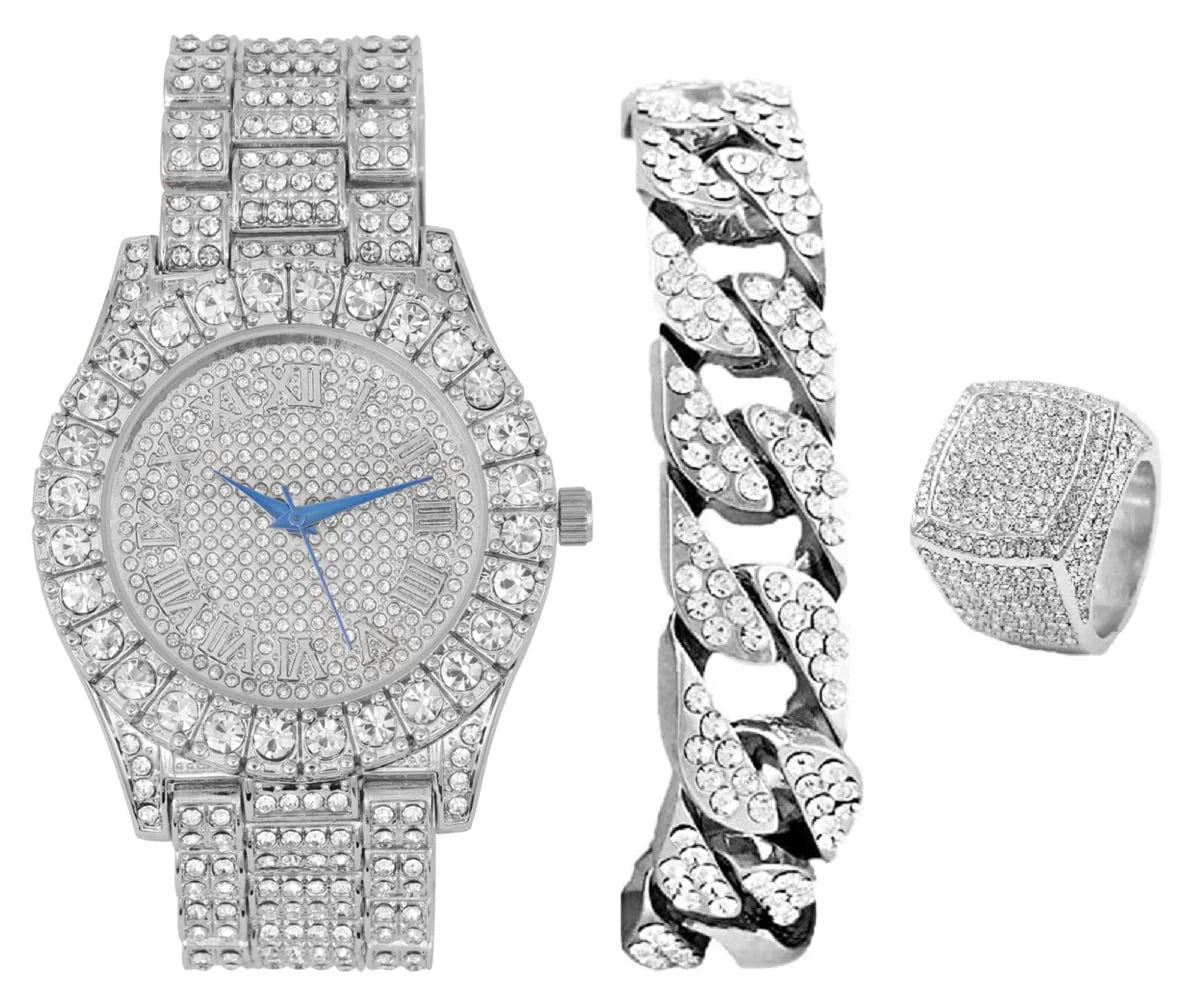 '- - Roman Ring ST10327SET3PC Bracelet with Chain & (10,Silver) Bezel Out Big Charles Iced Numerals w/Cuban Fully Watch Dial Raymond Rocks Mens