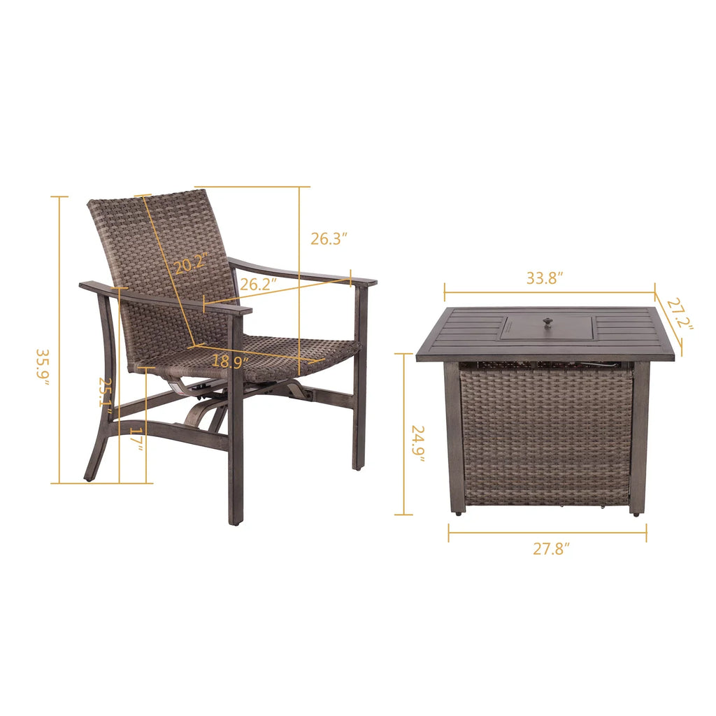Table, Rocking BTU 33.8"x27.2" with Chairs & Propane Firepit exterior Set Gas Patio Piece All-climate Motion Conversation Furniture for 15000 5 Set Deck Table, Wicker Yard Garden Fire 4 Pit
