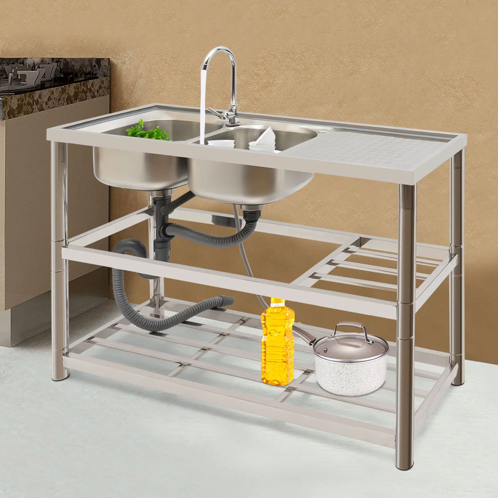Sink Utility Aiqidi Sink Stainless Faucet+Drainpipe with Bowl & Kitchen Commercial Double Steel Prep Restaurant Basin Freestanding