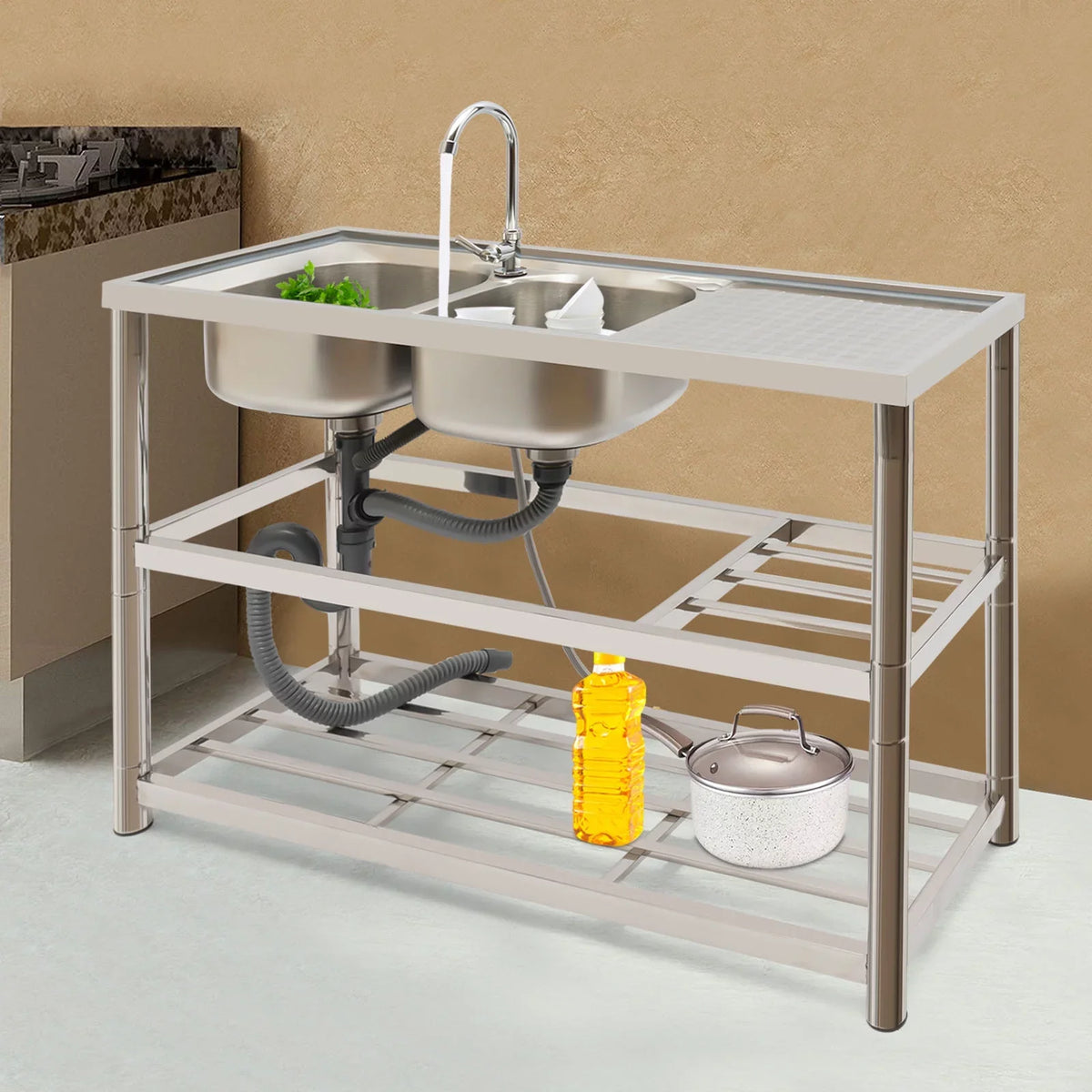 Sink Utility Aiqidi Sink Stainless Faucet+Drainpipe with Bowl & Kitchen Commercial Double Steel Prep Restaurant Basin Freestanding