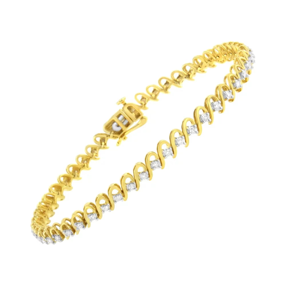 I2-I3 Silver 1.0 Round Alternating and - Color, Plated Link Diamond Wave .925 Gold Clarity) 10K Bracelet Cttw 7.25" Yellow Tennis Sterling (I-J