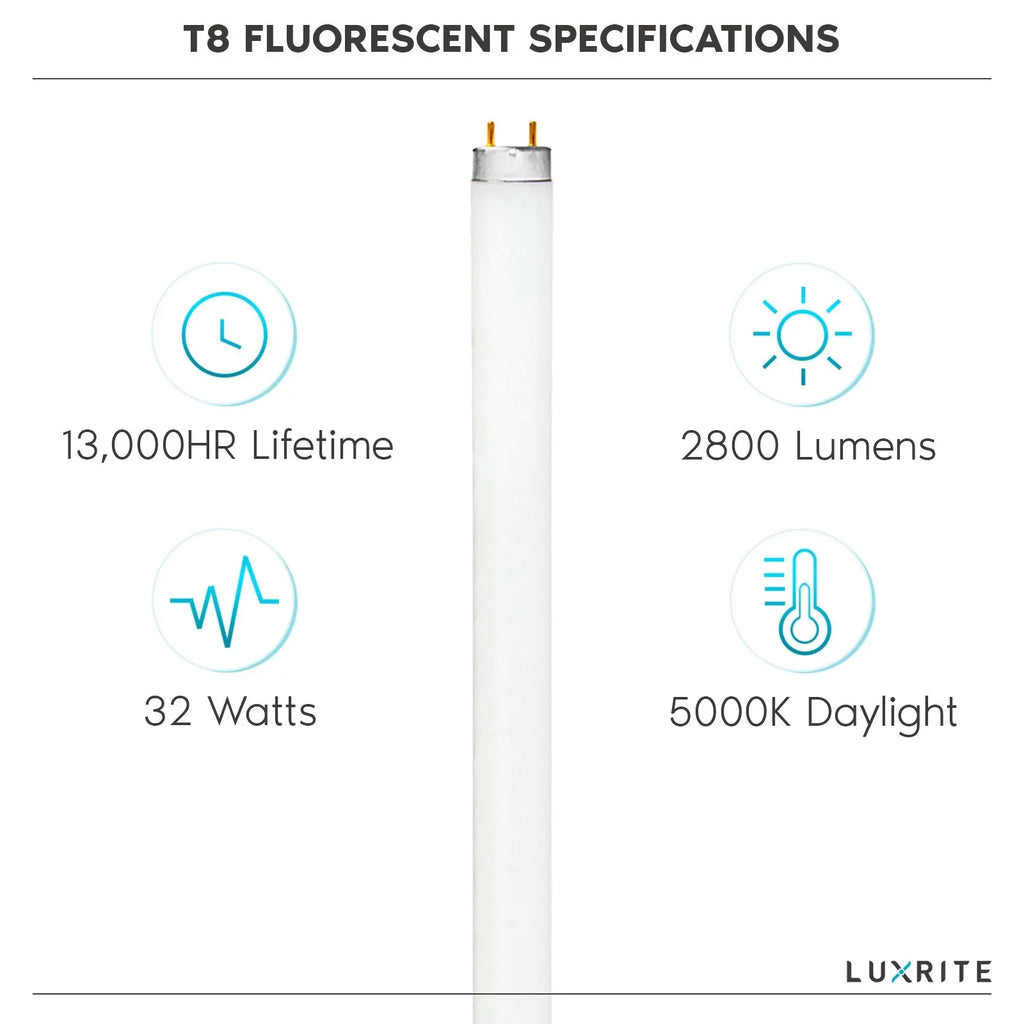 Medium G13 Bright Luxrite Bulb, 32W Fluorescent Inch White, Lumens, Bi-Pin LR20734, 12-Pack Tube T8 2800 Base, Light 5000K F32T8/850 48