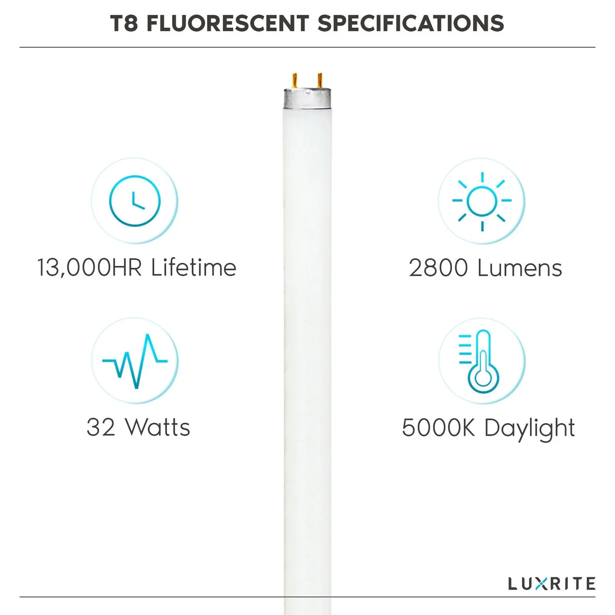 Medium G13 Bright Luxrite Bulb, 32W Fluorescent Inch White, Lumens, Bi-Pin LR20734, 12-Pack Tube T8 2800 Base, Light 5000K F32T8/850 48