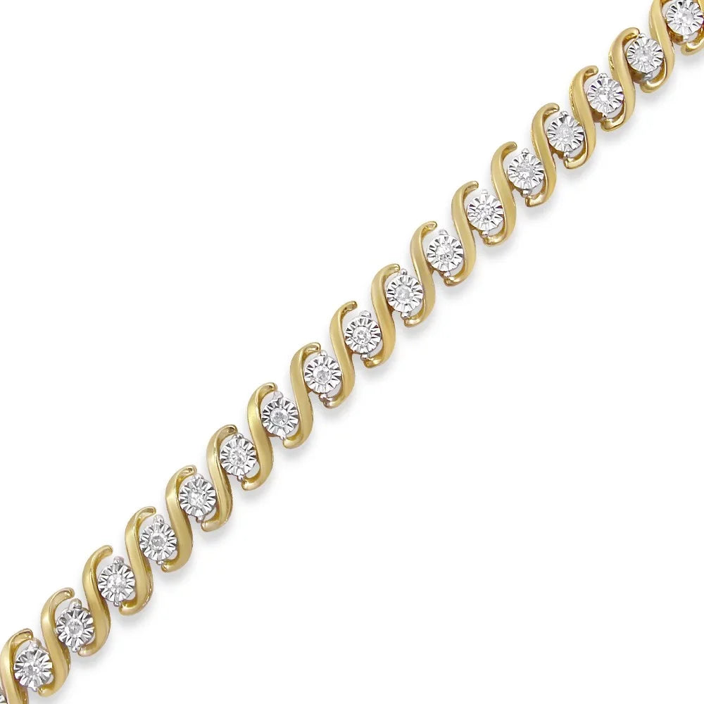14K Diamond Plated 7" S-Curve Bracelet Gold 1/2 (I-J I3 Silver Miracle-Set Color, Clarity) Cttw Round - Yellow Tennis Sterling .925