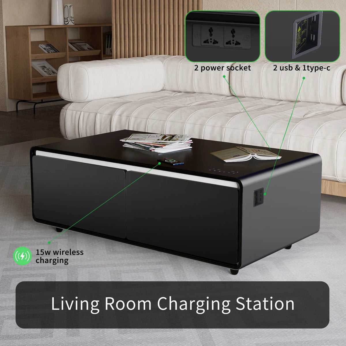 Atmosphere Fridge, Touch Interface, Charging Coffee light, Bluetooth Module, Smart Outlet Protection, Table Built-in with USB Control Panel, Speaker, Modern Socket, Wireless Power Black