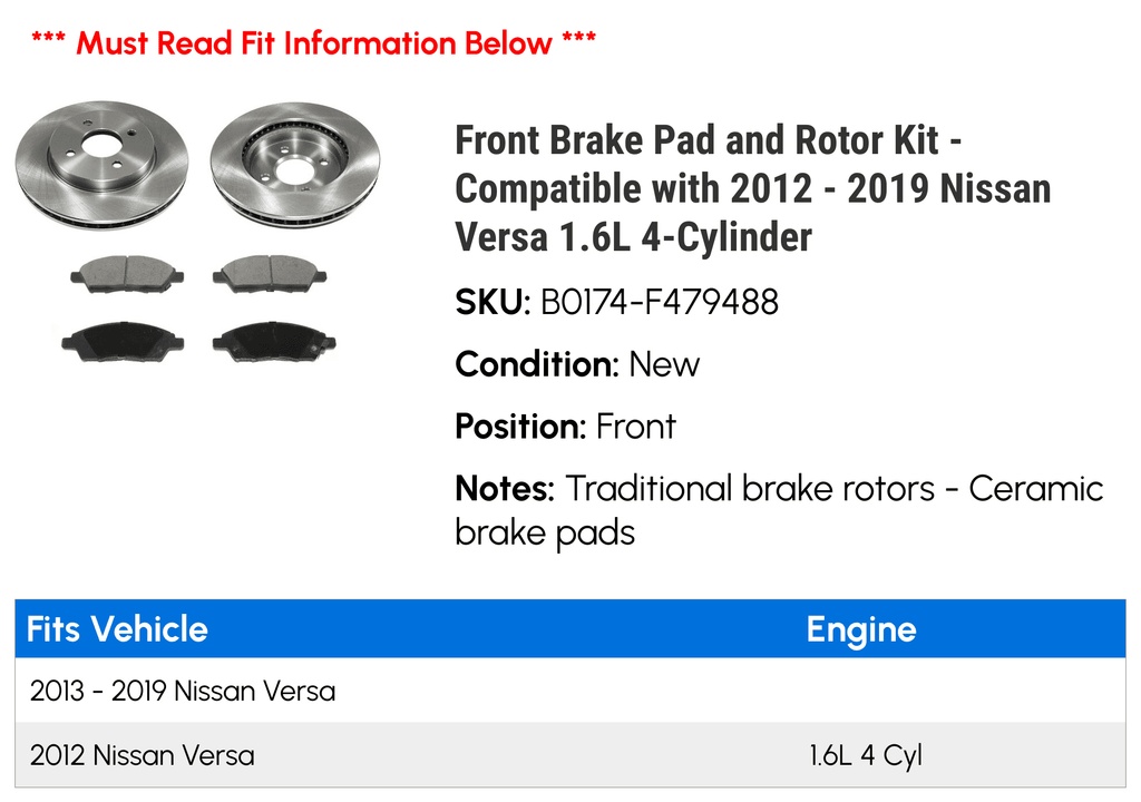 2018 2017 Rotor with 2016 Compatible 2015 Front Kit 4-Cylinder Pad 2013 2014 - 2019 Versa Nissan Brake and 1.6L - 2012