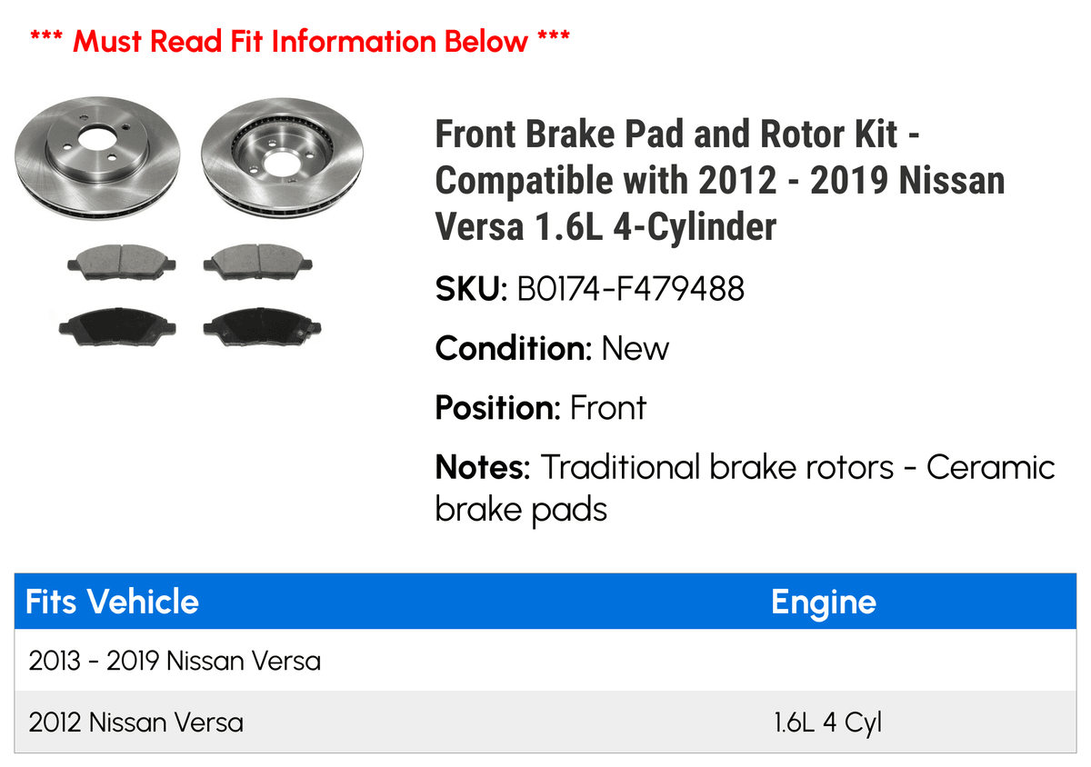 2018 2017 Rotor with 2016 Compatible 2015 Front Kit 4-Cylinder Pad 2013 2014 - 2019 Versa Nissan Brake and 1.6L - 2012