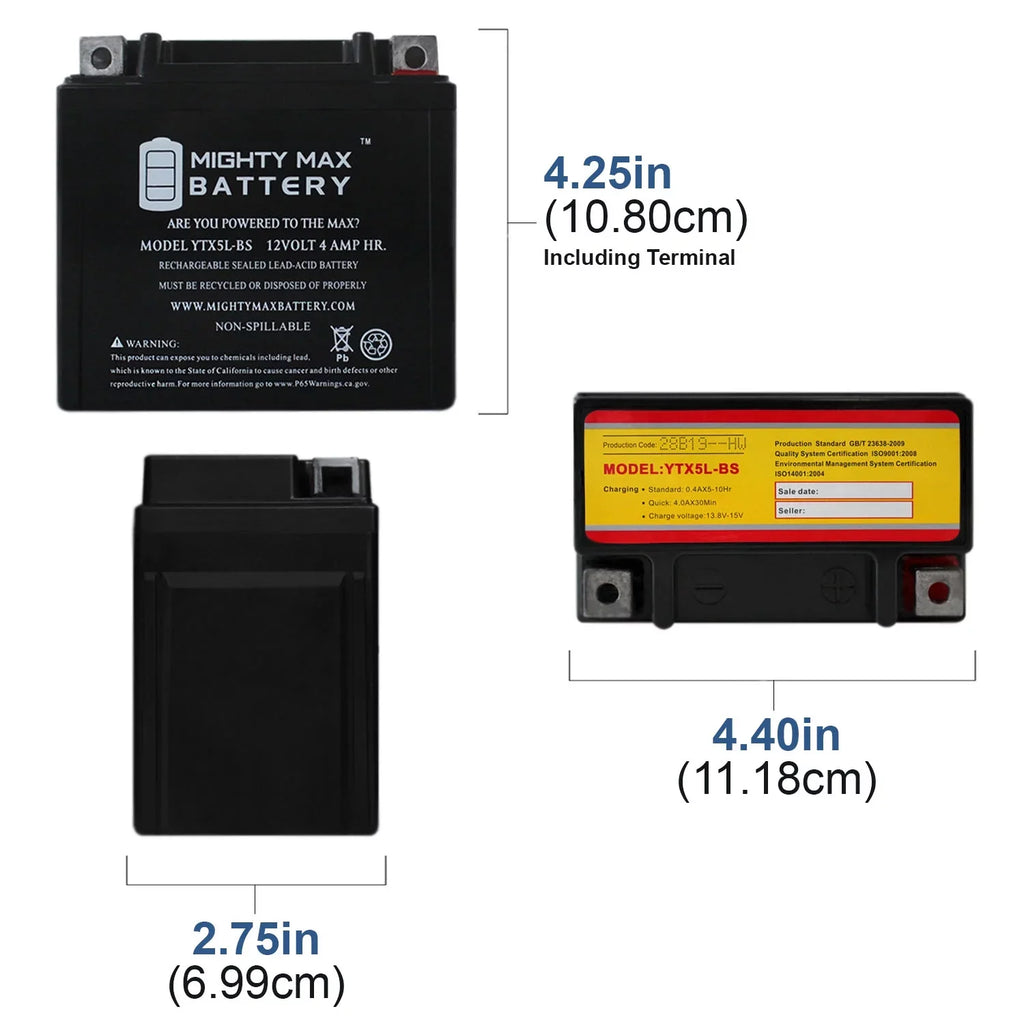 4AH Replaces - Super 9 4 - 2000 50 Kymco Pack 12V YTX5L-BS Battery