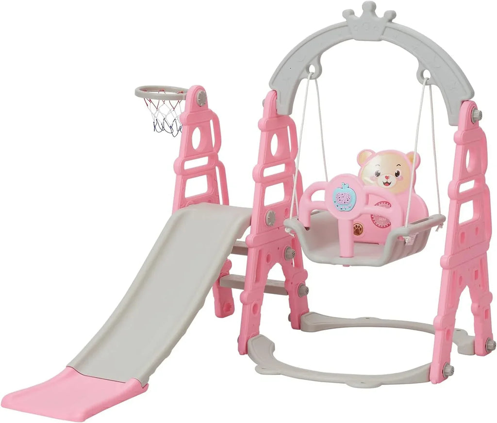 Slide Extra Swing Hoop, Slide with & Indoor exterior Baby Slide Climber in Set, Playground 1 Basketball Playset for & Climb Pink Toddler Long 5 Easy Kinbor Stairs,