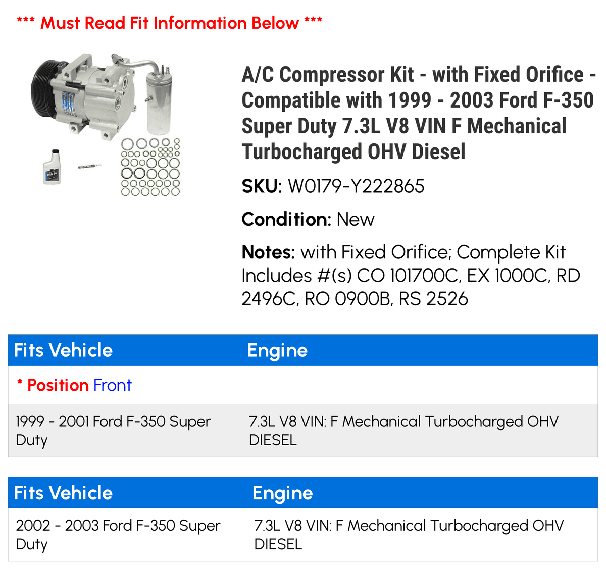 Diesel 2001 1999 Compatible Fixed Turbo Super - with 2002 VIN V8 - Kit 2003 2000 F-250 (with Duty A/C Orifice) Compressor 7.3L Mechanical F