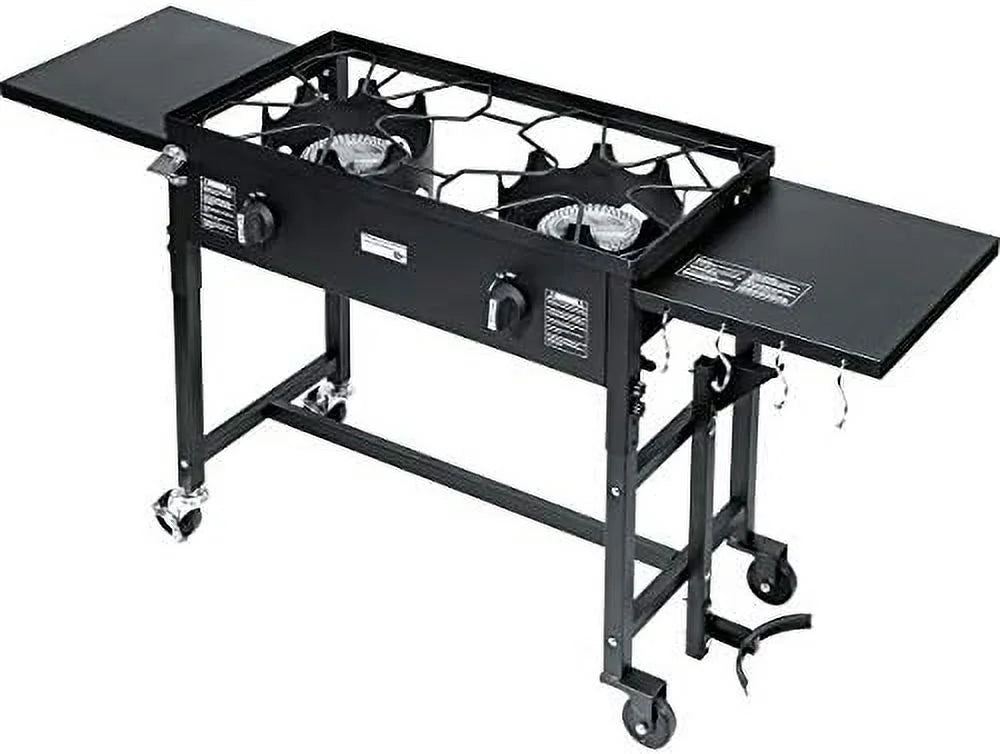 BTU, Station Burner Black 2 BBQ Stove exterior Cooking Picnic Folding Stand Propane Double Camping Grill 58,000 Cook