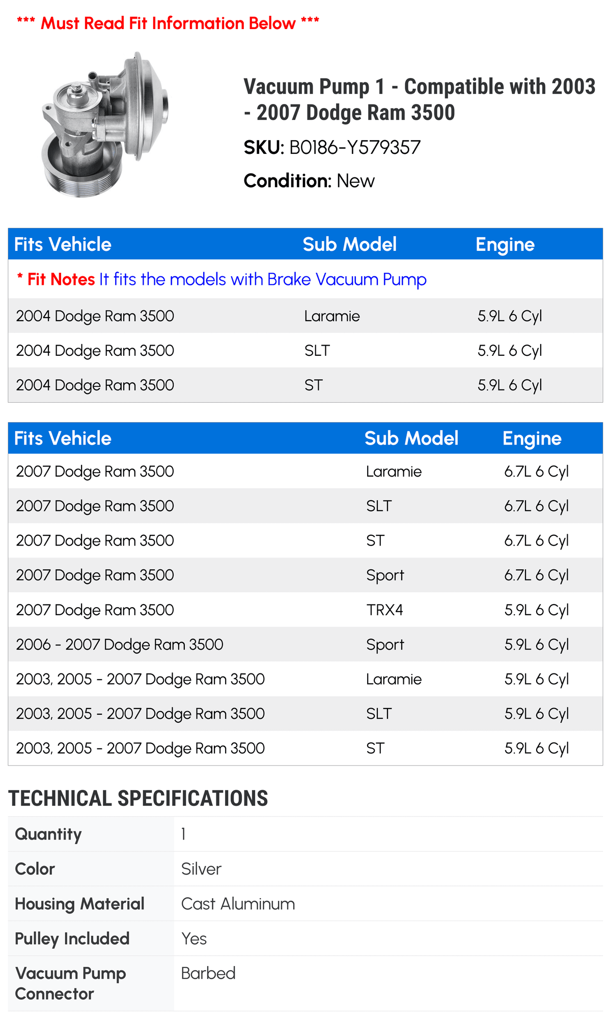 '- 1 Dodge Pump 2003 2007 with 2005 Ram Compatible - 2006 2004 3500 Vacuum