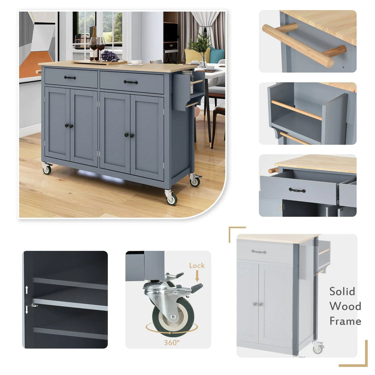 Locking - Wood with and Grey Wheels Top Kitchen Solid Blue Cart Island Granite