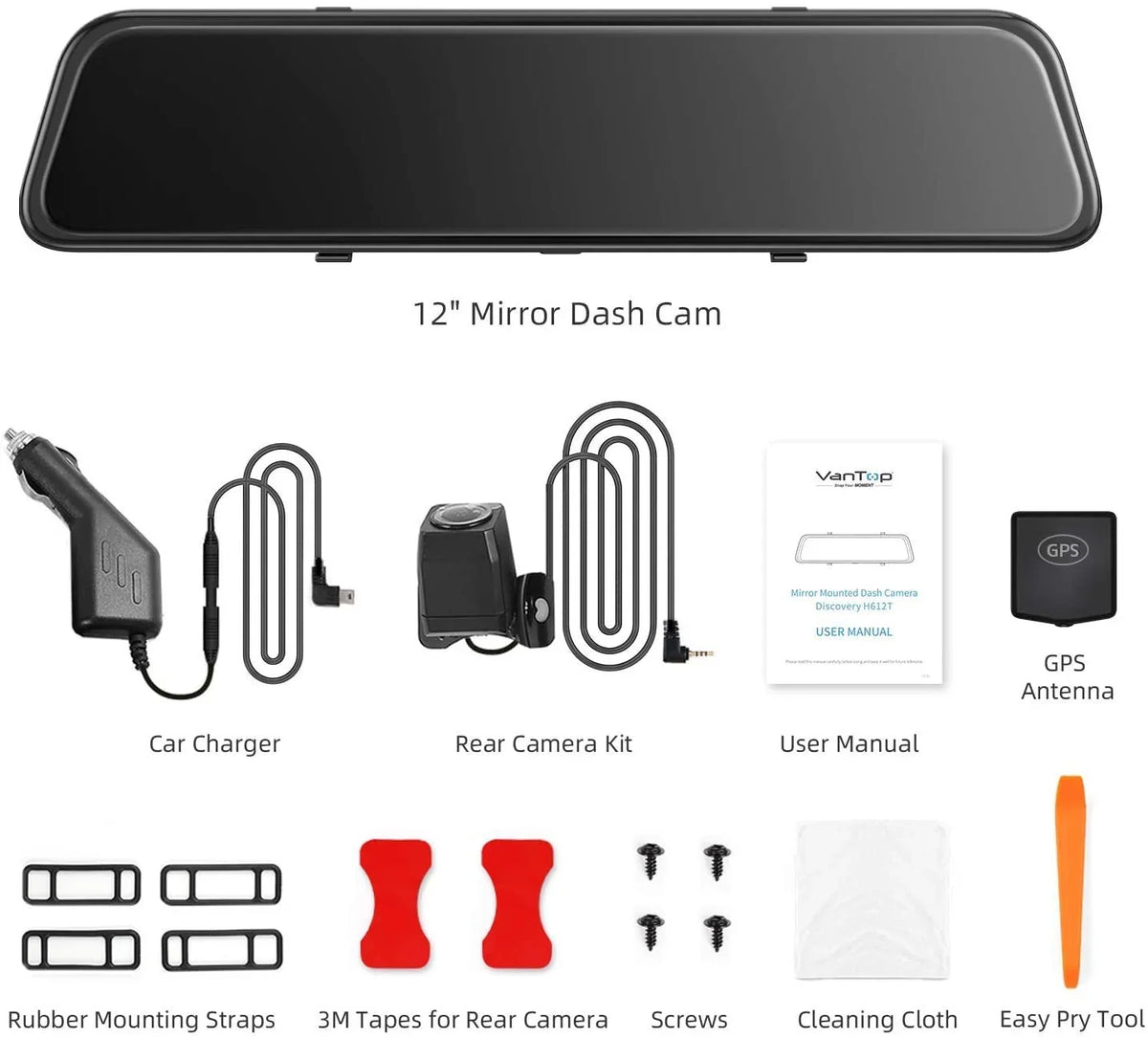 Control Voice Mirror 4K Front W/Night Rear Vision Camera IPS Dash Mirror Cam Monitor Dual & Touch H612T 12" Dash Screen, Vantop View Cars Camera, Parking -