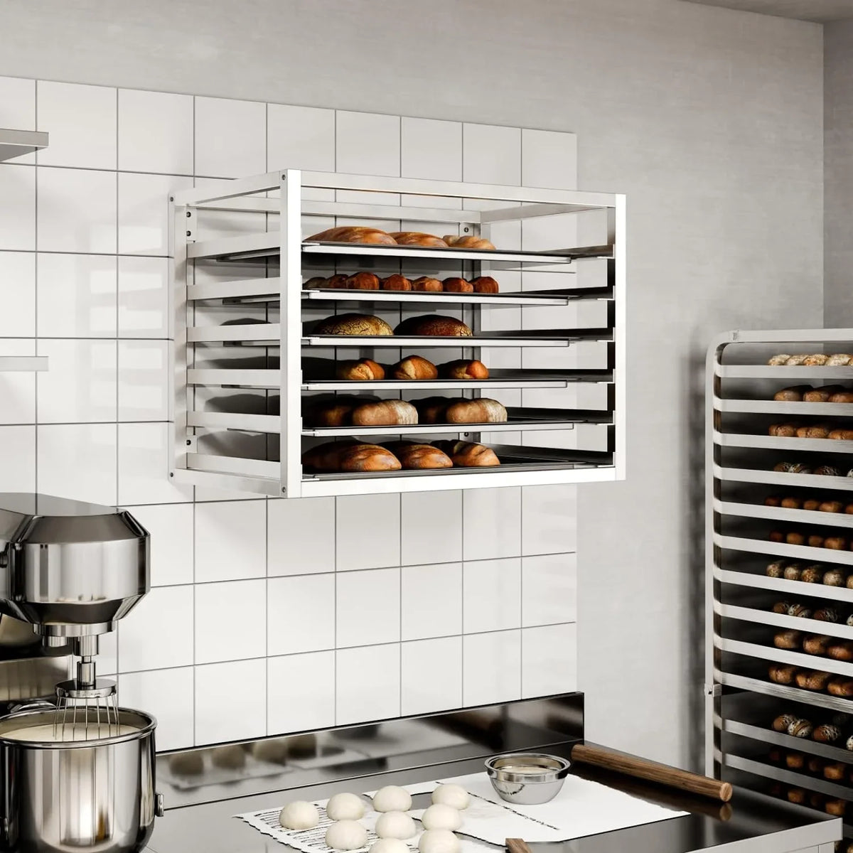 Rack 6 28" x Pan x Wall - Mounted 21". Fits Pans. Full-dimension Sheet Sheet/Bun 18"