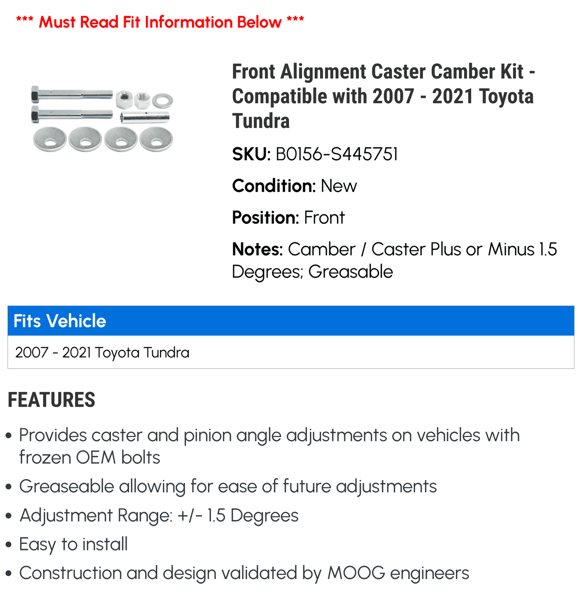 Toyota Front Caster Kit Alignment - Tundra 2014 2017 2018 2011 2012 2020 2015 2021 2007 2022 2019 Camber 2013 - 2008 2016 Compatible 2010 2009 with