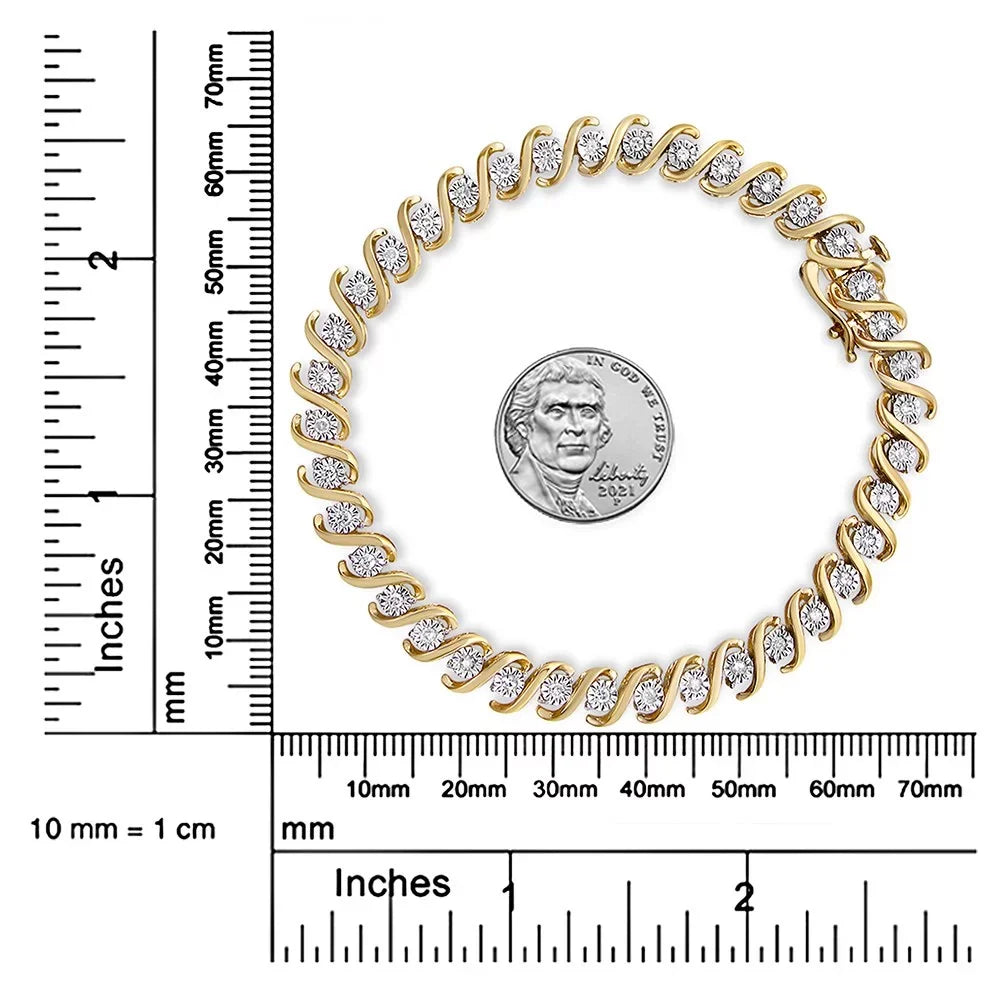 14K Diamond Plated 7" S-Curve Bracelet Gold 1/2 (I-J I3 Silver Miracle-Set Color, Clarity) Cttw Round - Yellow Tennis Sterling .925